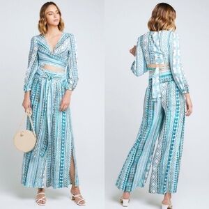 NWT ZHU Ulma Wrap Top Wide Leg Pants Set Blue XS‎